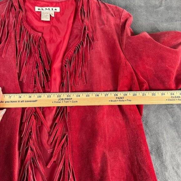 Vintatge Ami Red Leather Western Style Fringe Jacket Size Large Rodeo Cow Girl - Picture 7 of 13